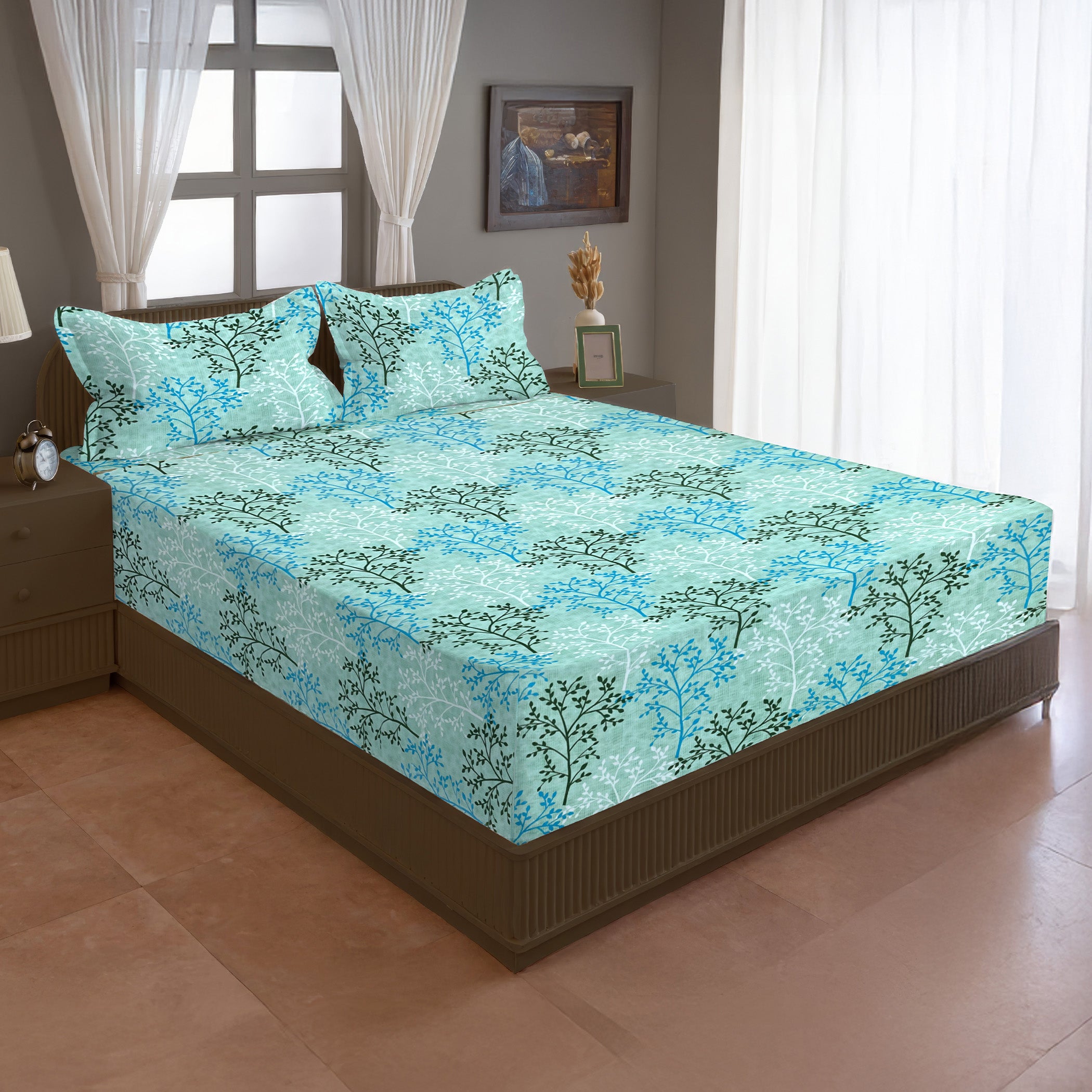 Aqua Meadow Breeze Cotton Blended Cotton Double Queen Bedsheet with 2 Pillow Covers - Nature-Inspired Botanical Print (90x100 inches)