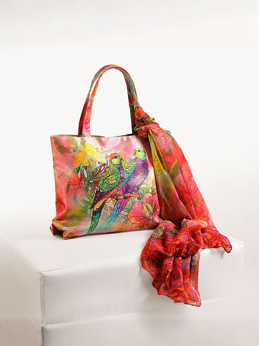 Floral Parrot Print Fashion Tote Bag with Matching Scarf
