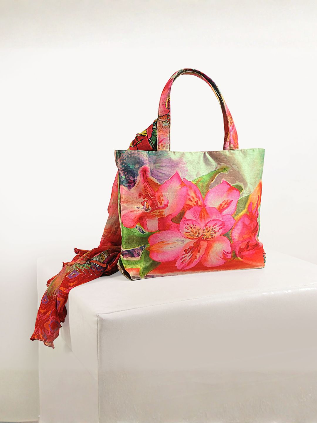 Floral Parrot Print Fashion Tote Bag with Matching Scarf