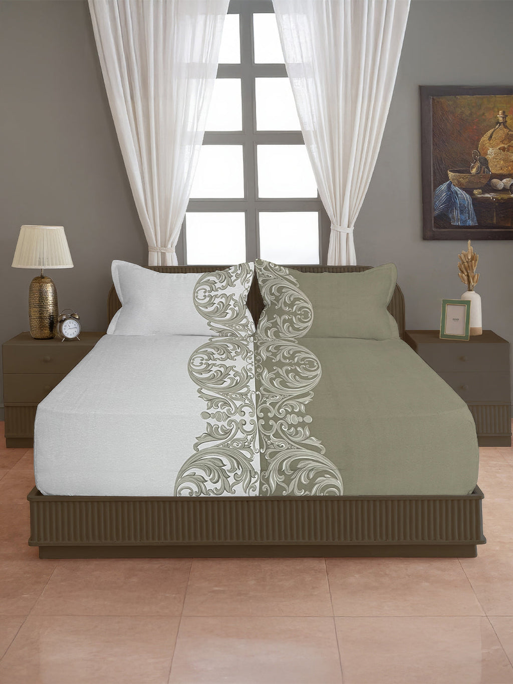Ivory & Olive Baroque Scroll Print Pure Cotton 144 TC Double Queen Bedsheet with 2 Pillow Covers (90x100 Inches)