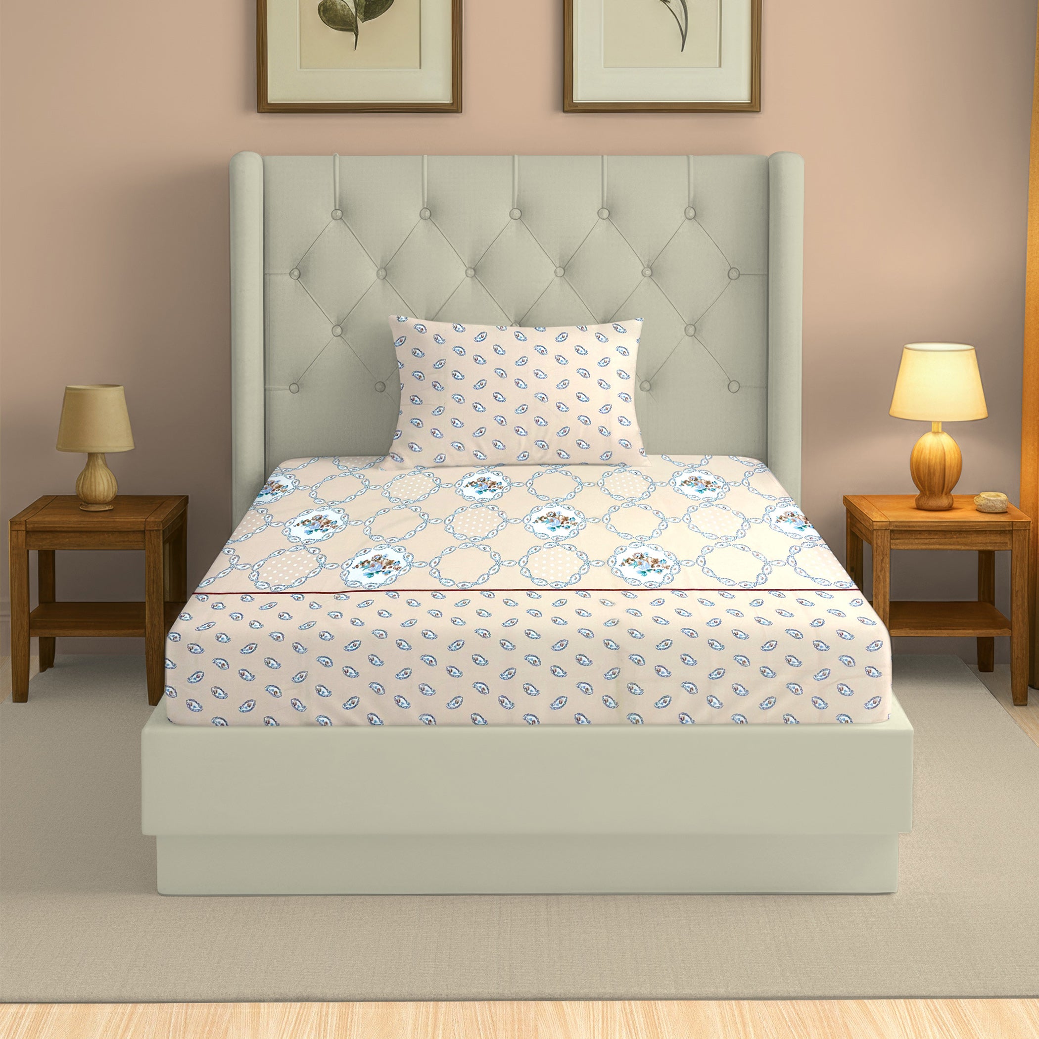 Peach Parlor Paisley - European Elegance 144TC Roto Cotton Single Bedsheet (60x90 Inches)