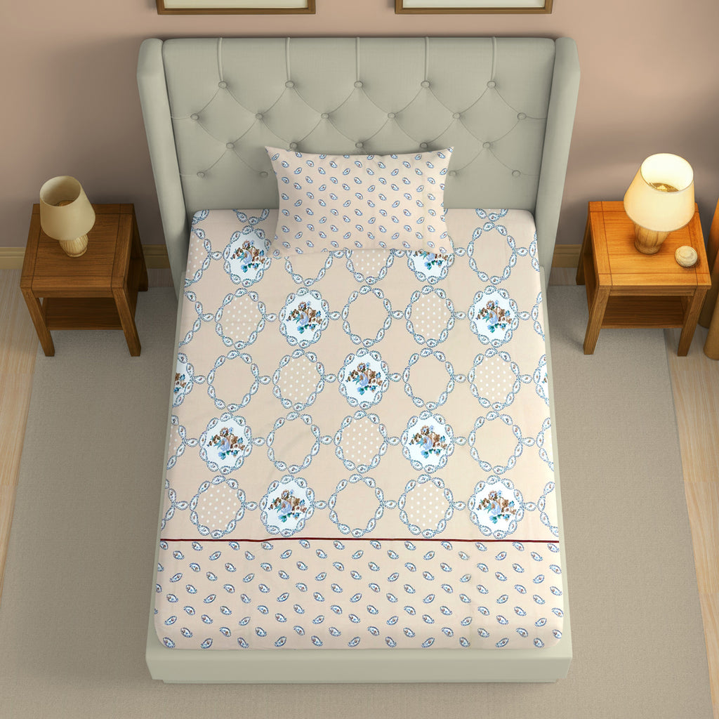 Peach Parlor Paisley - European Elegance 144TC Roto Cotton Single Fitted Bedsheet (36 x 78 x 10 Inches)