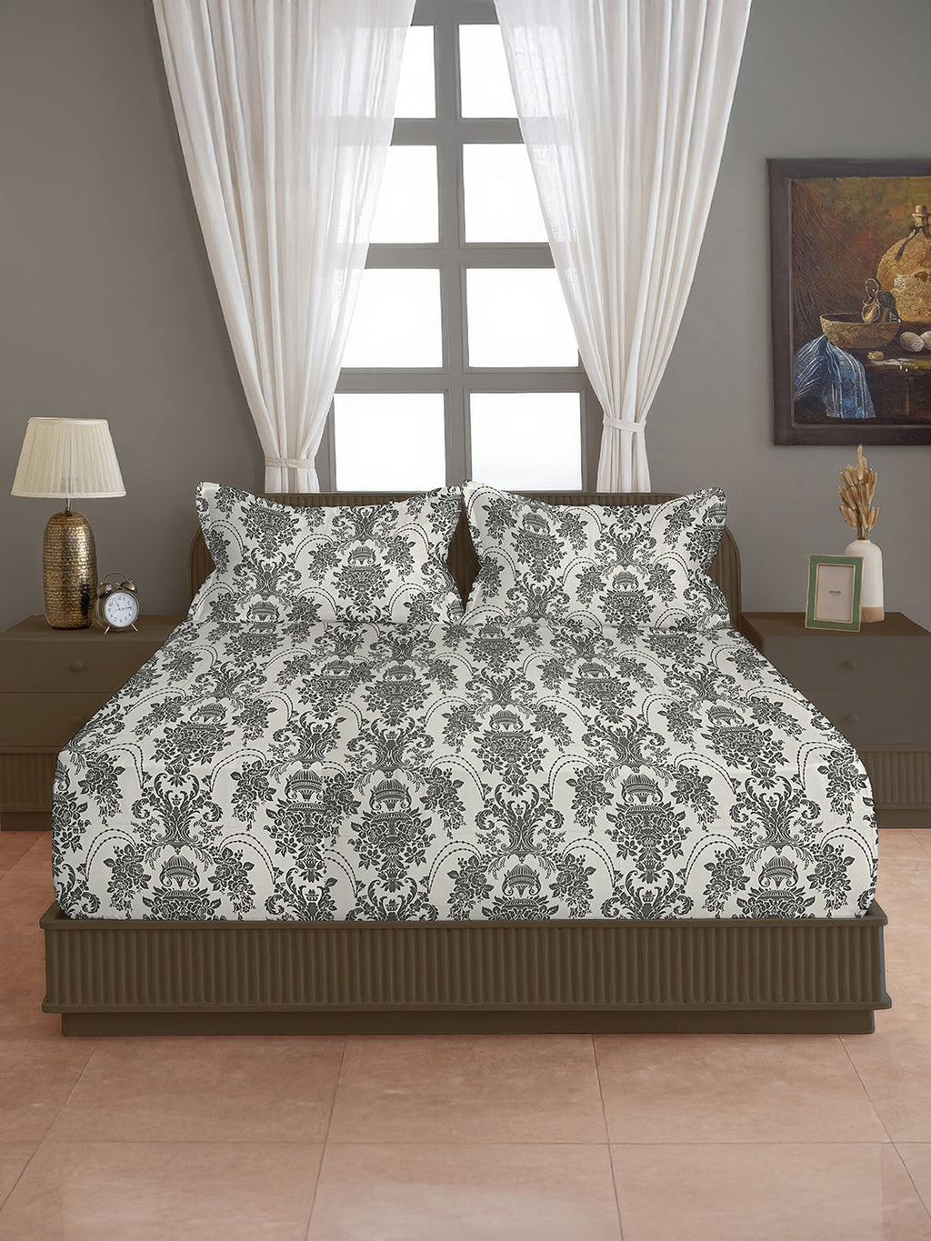 Baroque Elegance - Timeless 144TC Roto Cotton Ethnic Motif Super King Bedsheet (108x108 Inches)