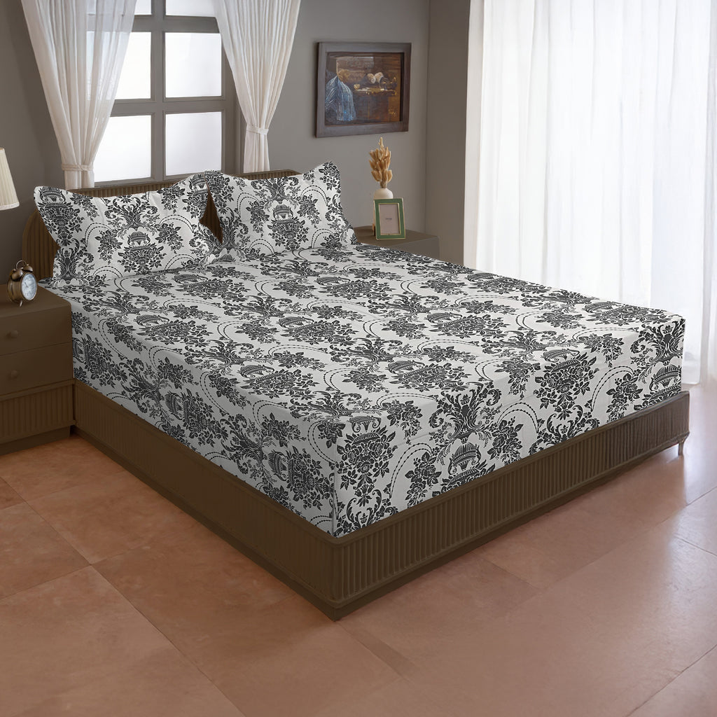 Baroque Elegance - Timeless 144TC Roto Cotton Ethnic Motif King Fitted Bedsheet (72x78x10 Inches)