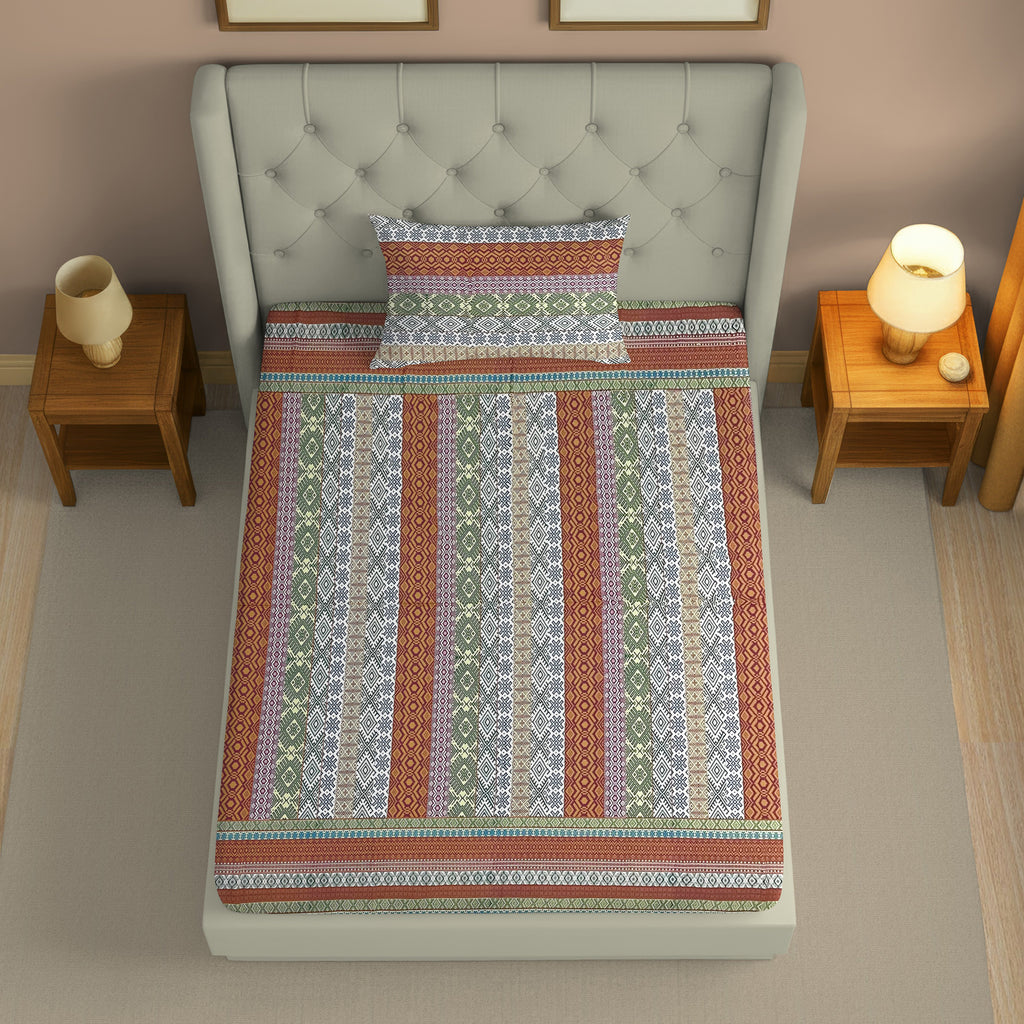 Brown Heritage - 160TC Pure Cotton Single Fitted Bedsheet (36 x 78 x 10 Inches)