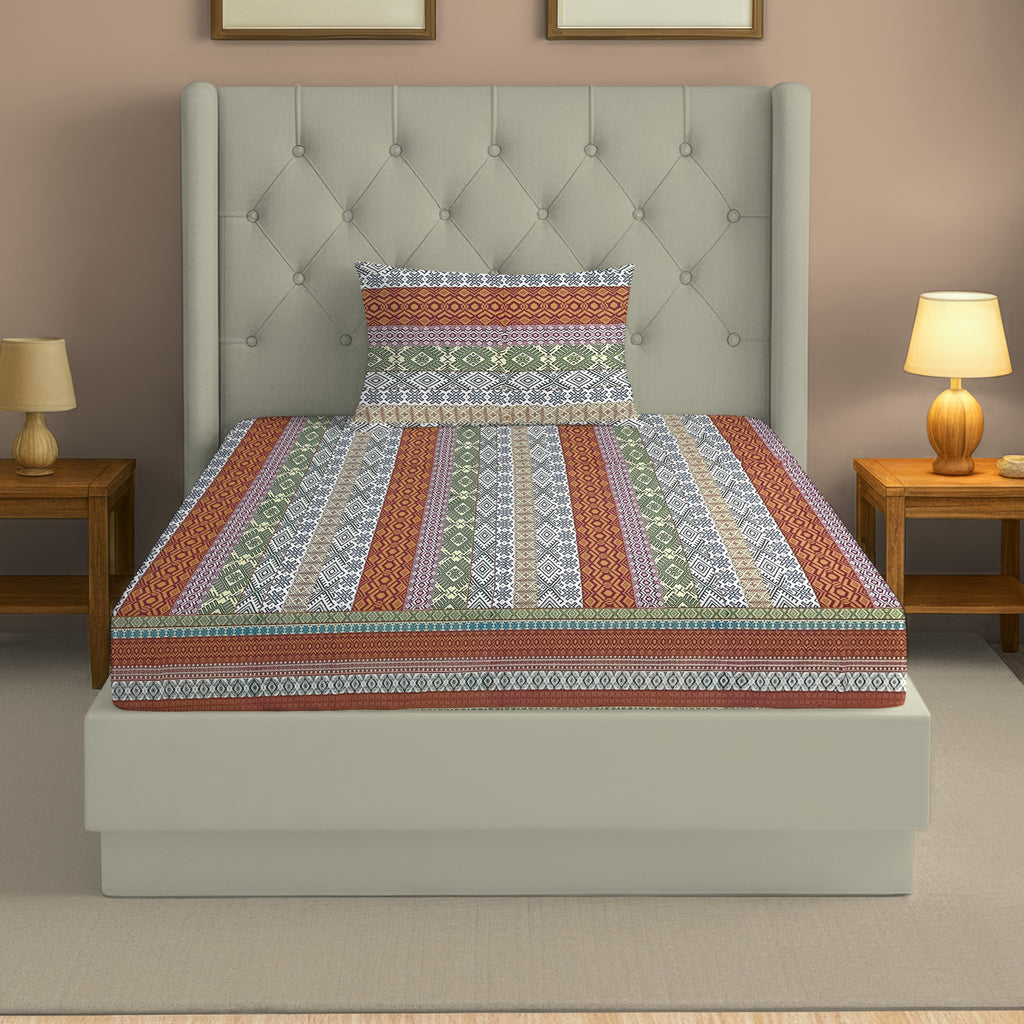 Brown Heritage - 160TC Pure Cotton Single Fitted Bedsheet (36 x 78 x 10 Inches)