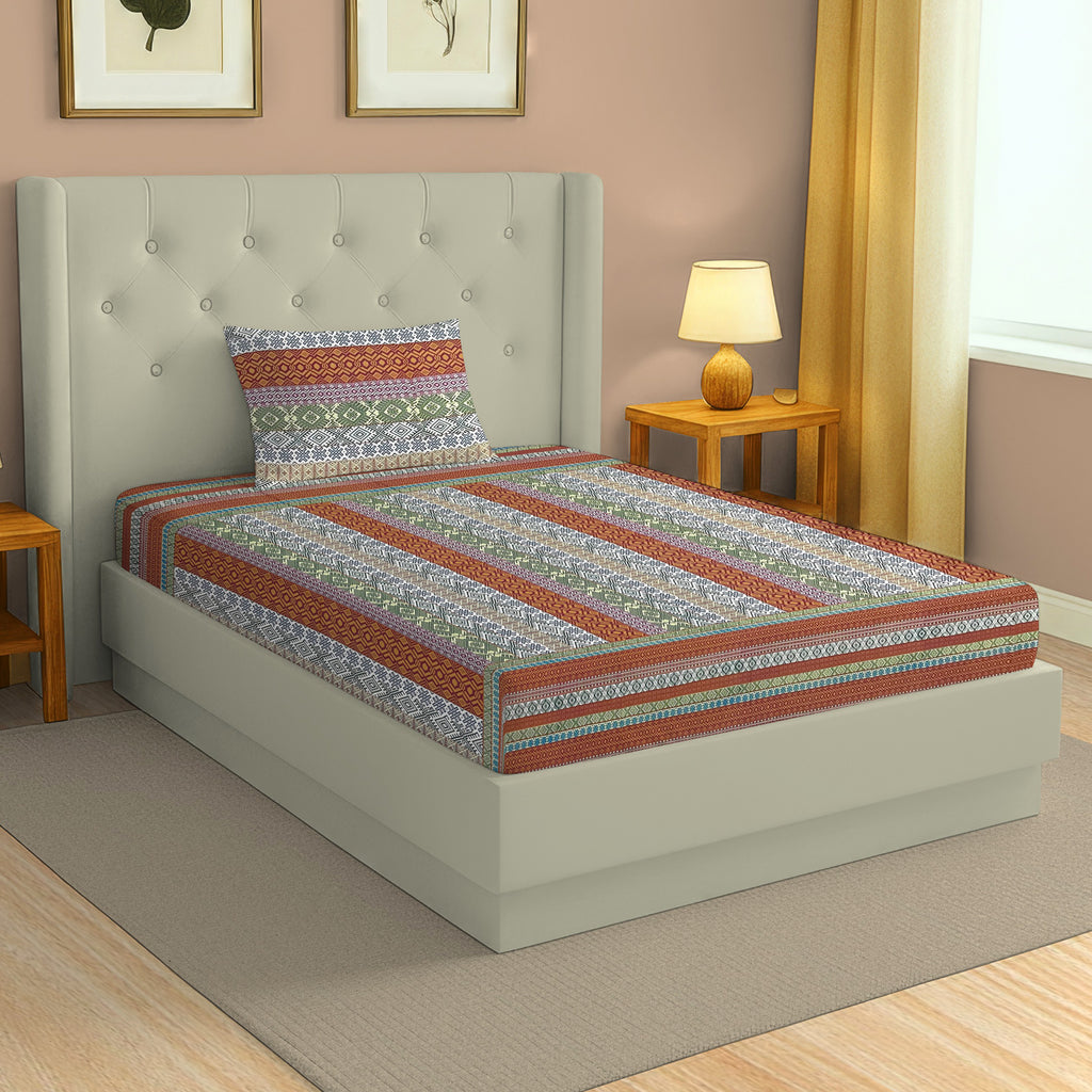 Brown Heritage - 160TC Pure Cotton Single Fitted Bedsheet (36 x 78 x 10 Inches)