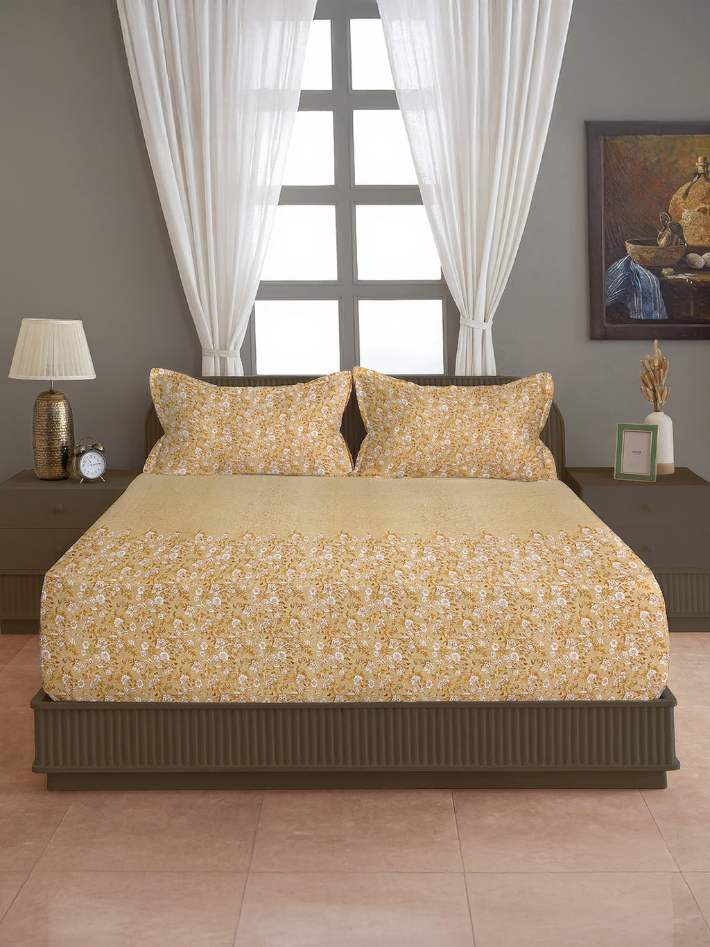 Golden Bloom - 160TC Pure Cotton Super King Bedsheet (108x108 Inches)