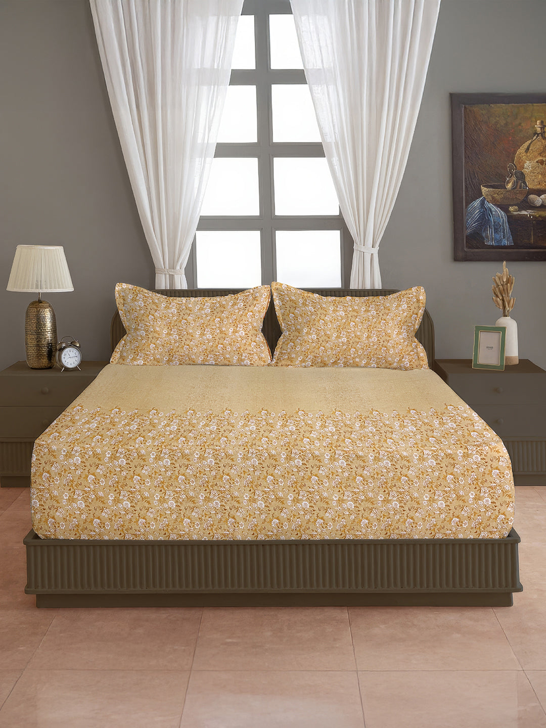 Golden Bloom - 160TC Pure Cotton Super King Bedsheet (108x108 Inches)