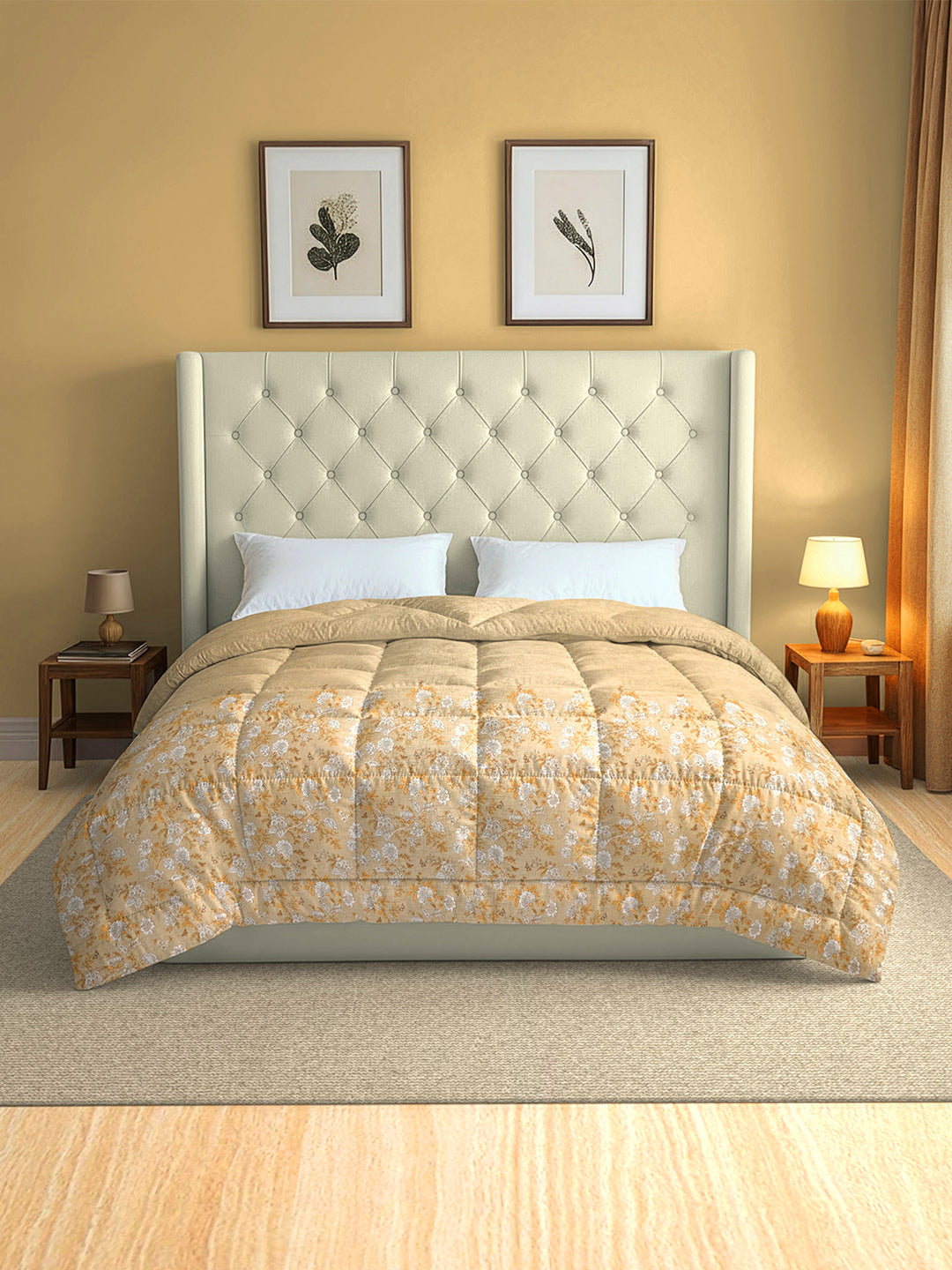 Soft Cotton Floral Beige Double AC Quilt