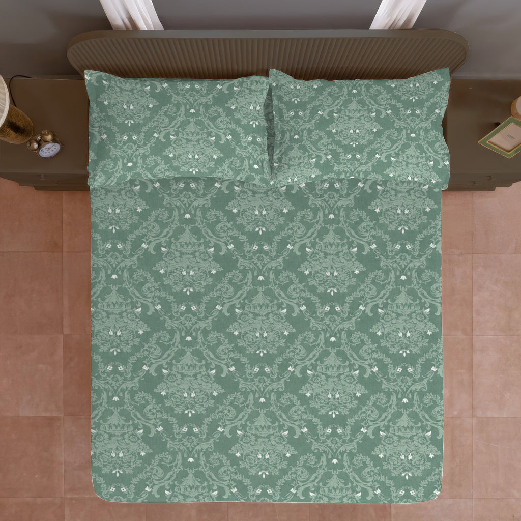 Vintage Damask Floral 180 TC 100% Cotton Double Queen Bedsheet With 2 Pillow Covers