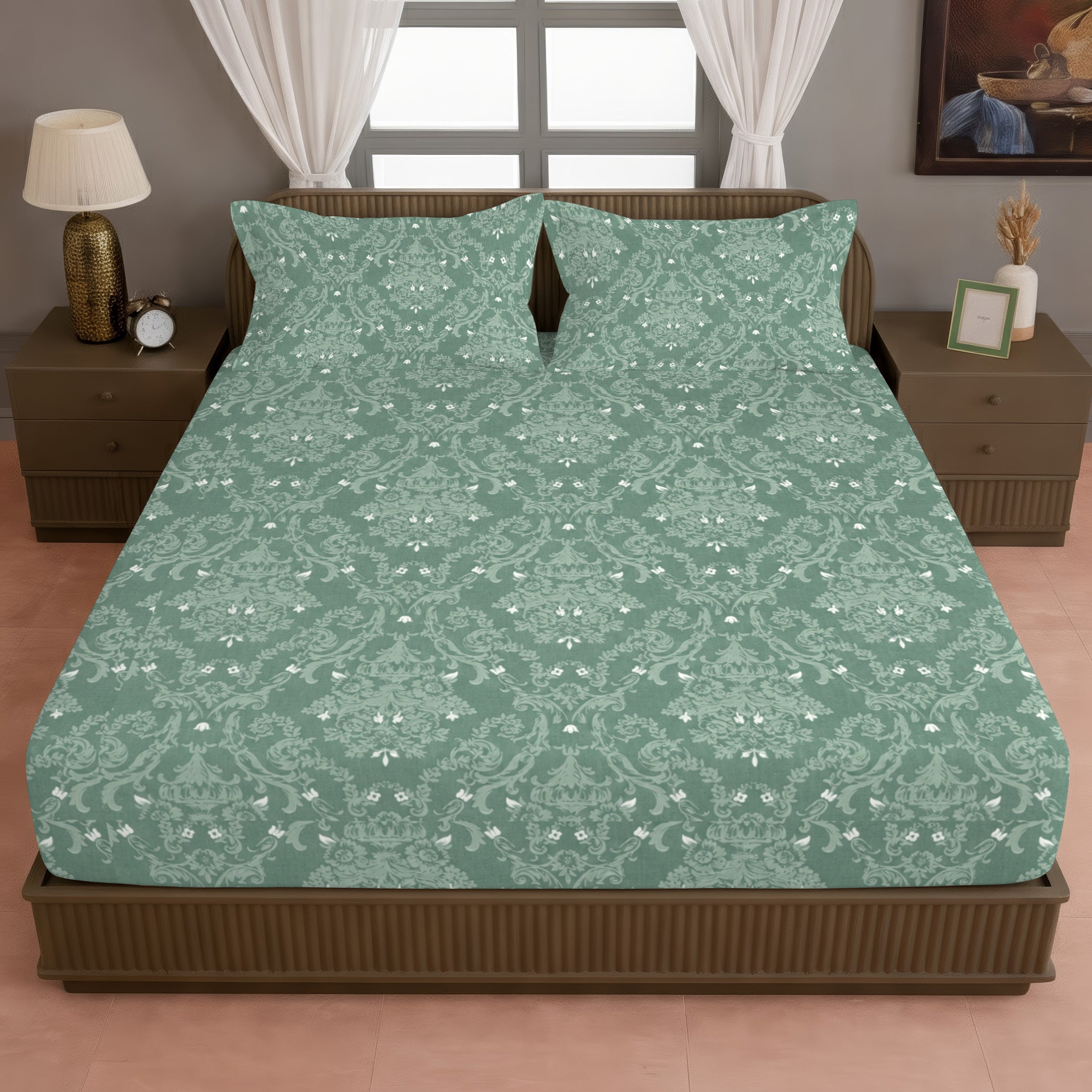 Vintage Damask Floral 180 TC 100% Cotton Super King Bedsheet With 2 Pillow Covers ( 108x108 Inches )