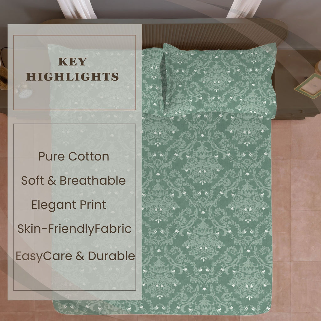 Vintage Damask Floral 180 TC 100% Cotton Double Queen Bedsheet With 2 Pillow Covers