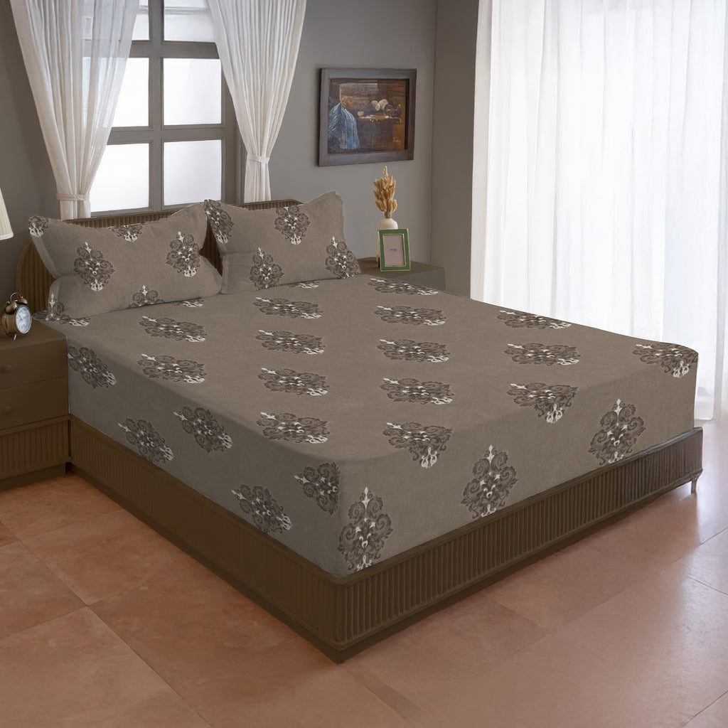 Classic Damask Motif 180 TC 100% Cotton King Fitted Bedsheet With 2 Pillow Covers