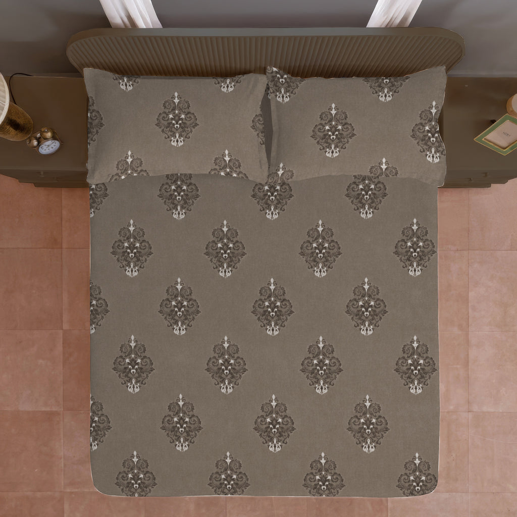Classic Damask Motif 180 TC 100% Cotton King Fitted Bedsheet With 2 Pillow Covers
