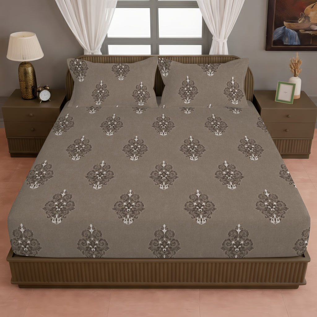 Classic Damask Motif 180 TC 100% Cotton King Fitted Bedsheet With 2 Pillow Covers