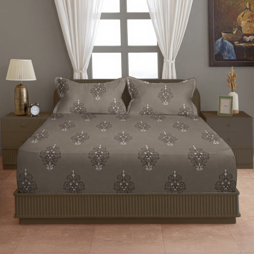 Classic Damask Motif 180 TC 100% Cotton King Fitted Bedsheet With 2 Pillow Covers