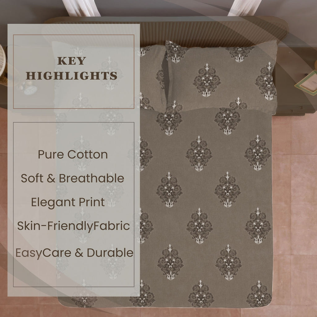 Classic Damask Motif 180 TC 100% Cotton King Fitted Bedsheet With 2 Pillow Covers