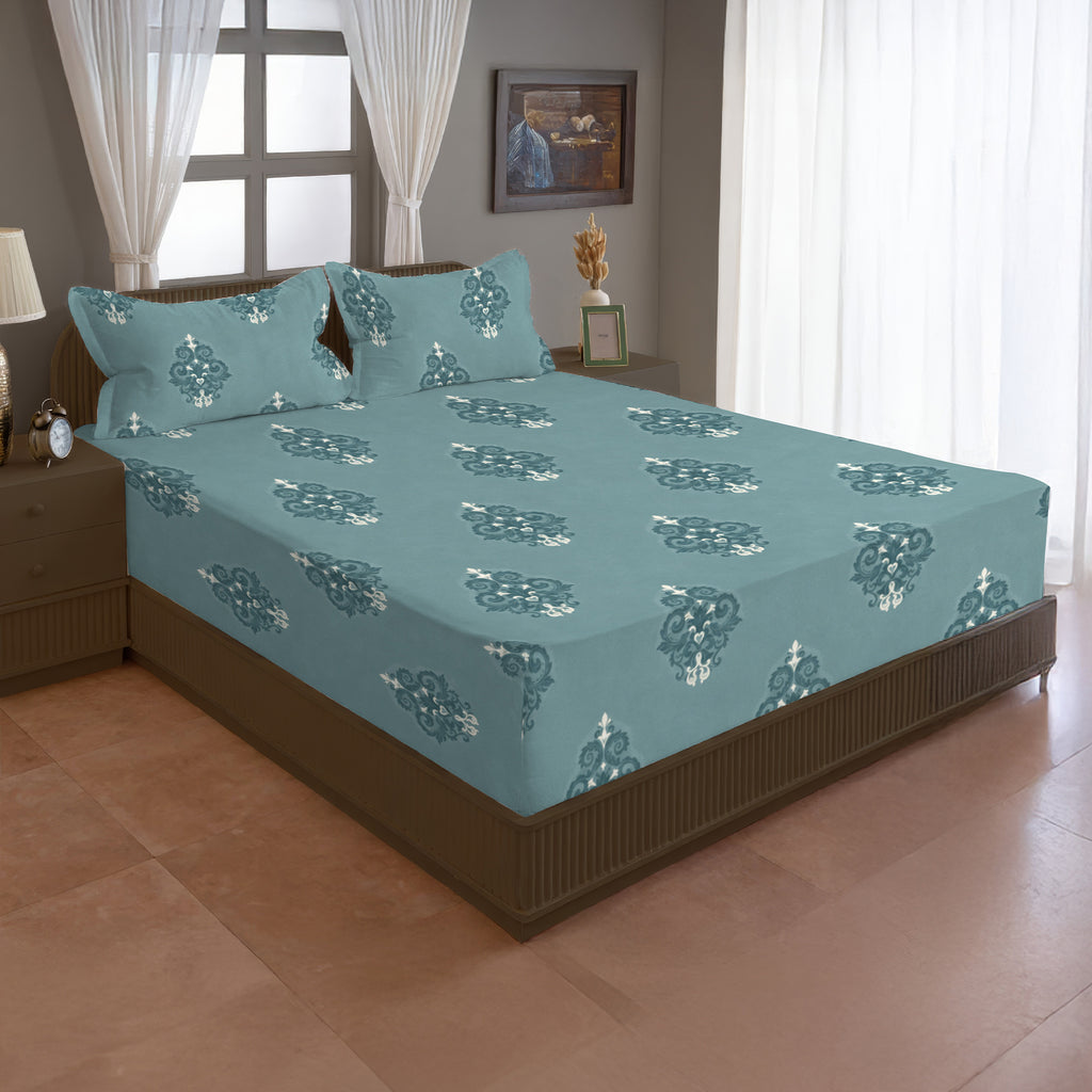Classic Damask Motif 180 TC 100% Cotton Super King Bedsheet With 2 Pillow Covers