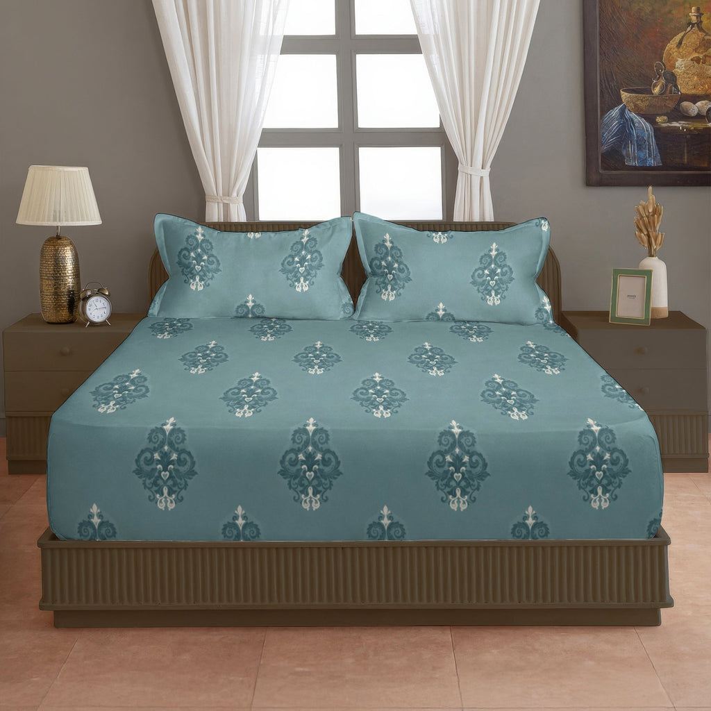 Classic Damask Motif 180 TC 100% Cotton Super King Bedsheet With 2 Pillow Covers