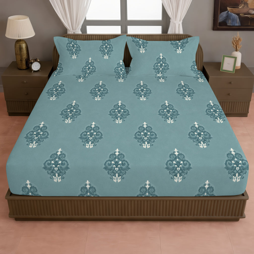 Classic Damask Motif 180 TC 100% Cotton Super King Bedsheet With 2 Pillow Covers