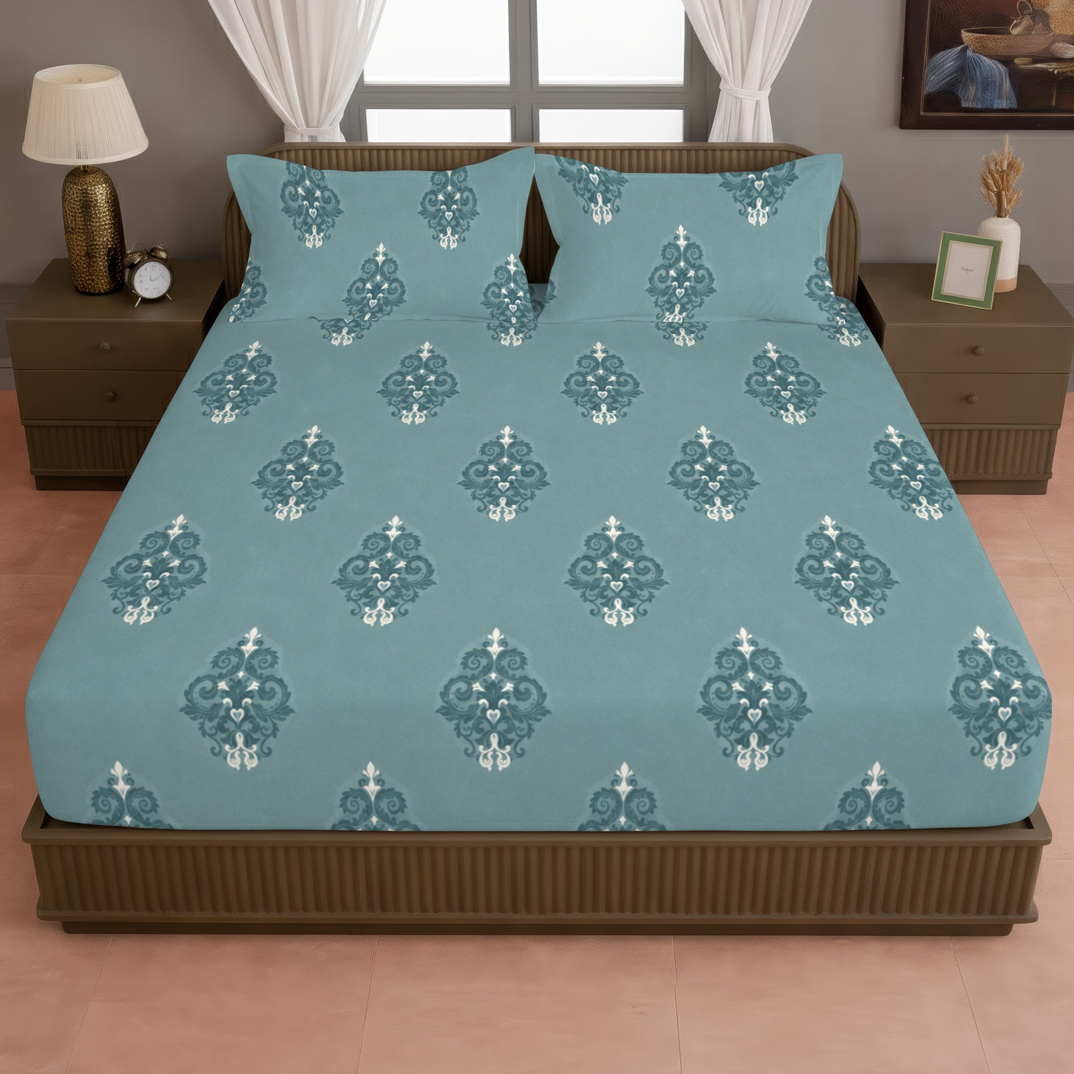Classic Damask Motif 180 TC 100% Cotton Super King Bedsheet With 2 Pillow Covers ( 108x108 Inches )