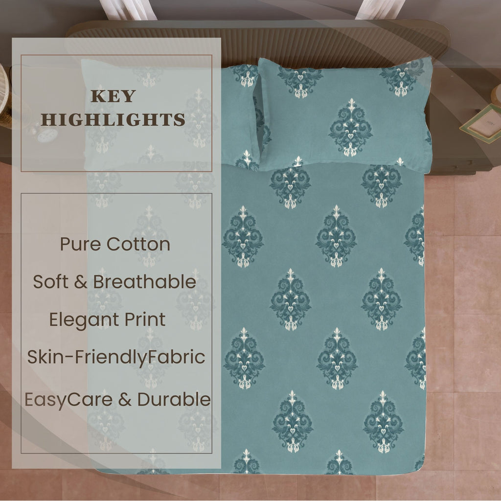Classic Damask Motif 180 TC 100% Cotton Super King Bedsheet With 2 Pillow Covers