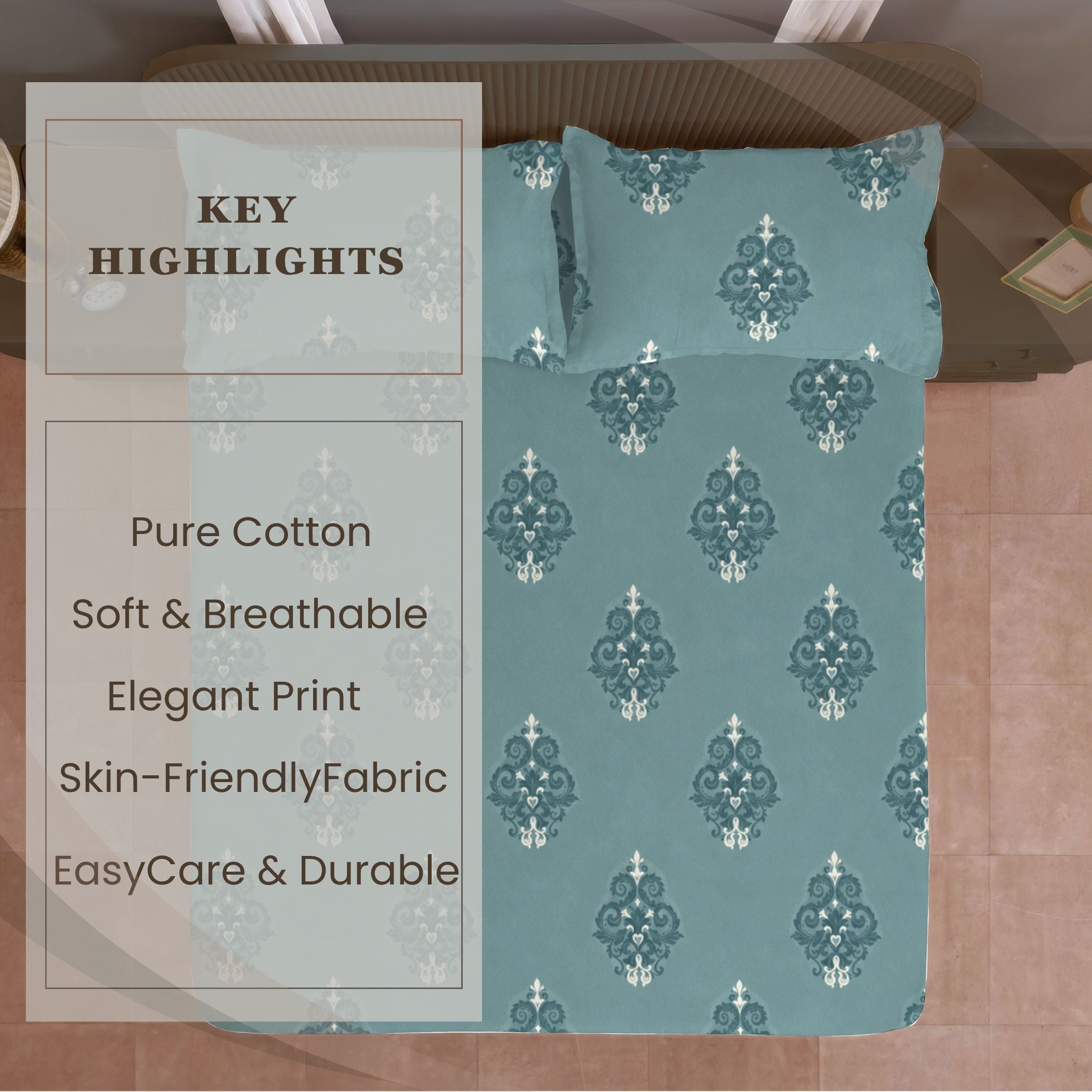 Classic Damask Motif 180 TC 100% Cotton Super King Bedsheet With 2 Pillow Covers
