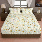 Ivory White Mustard Floral 144 TC Cotton Bedsheet with 2 Pillow Covers