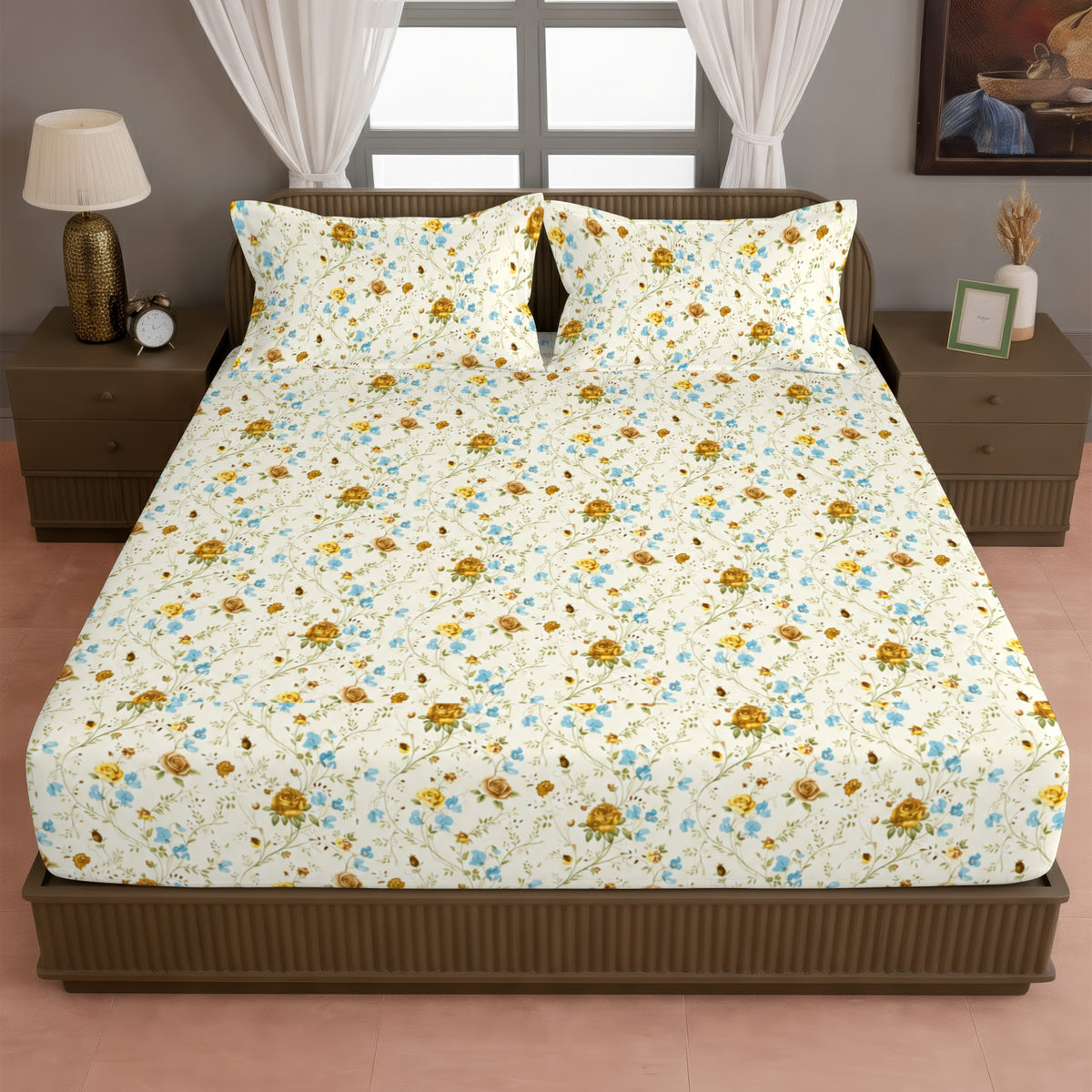 Ivory White Mustard Floral 144 TC Cotton Bedsheet with 2 Pillow Covers