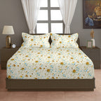 Ivory White Mustard Floral 144 TC Cotton Bedsheet with 2 Pillow Covers