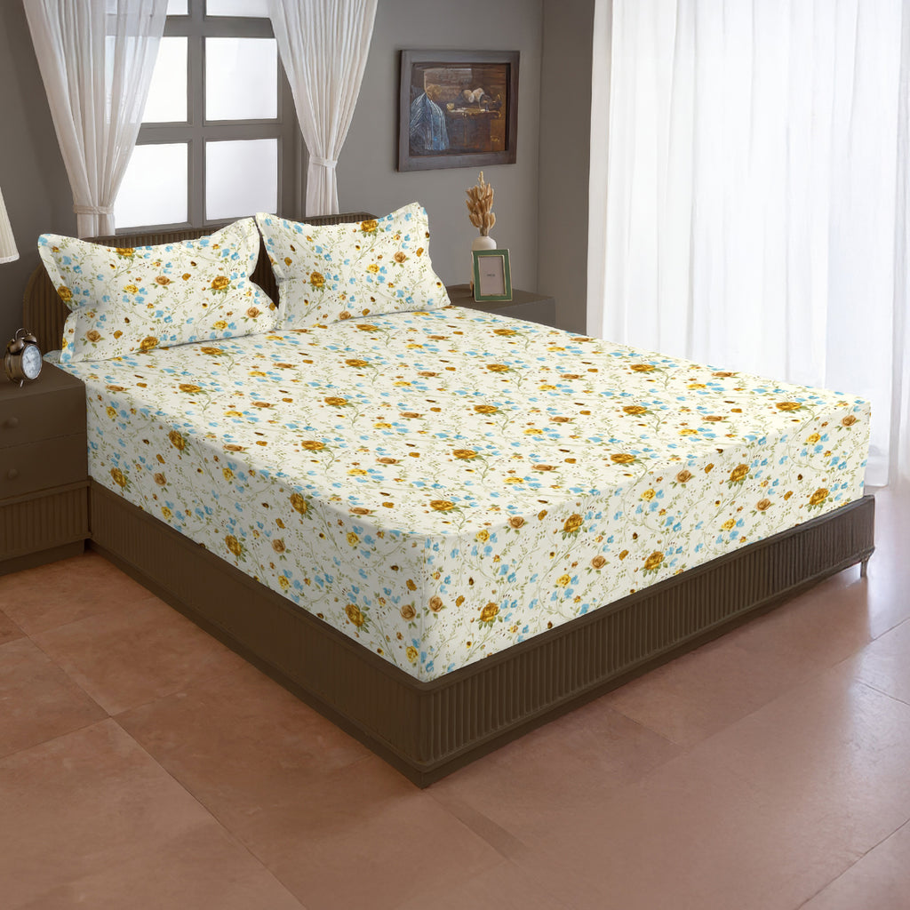 Ivory White Mustard Floral 144 TC Cotton Bedsheet with 2 Pillow Covers