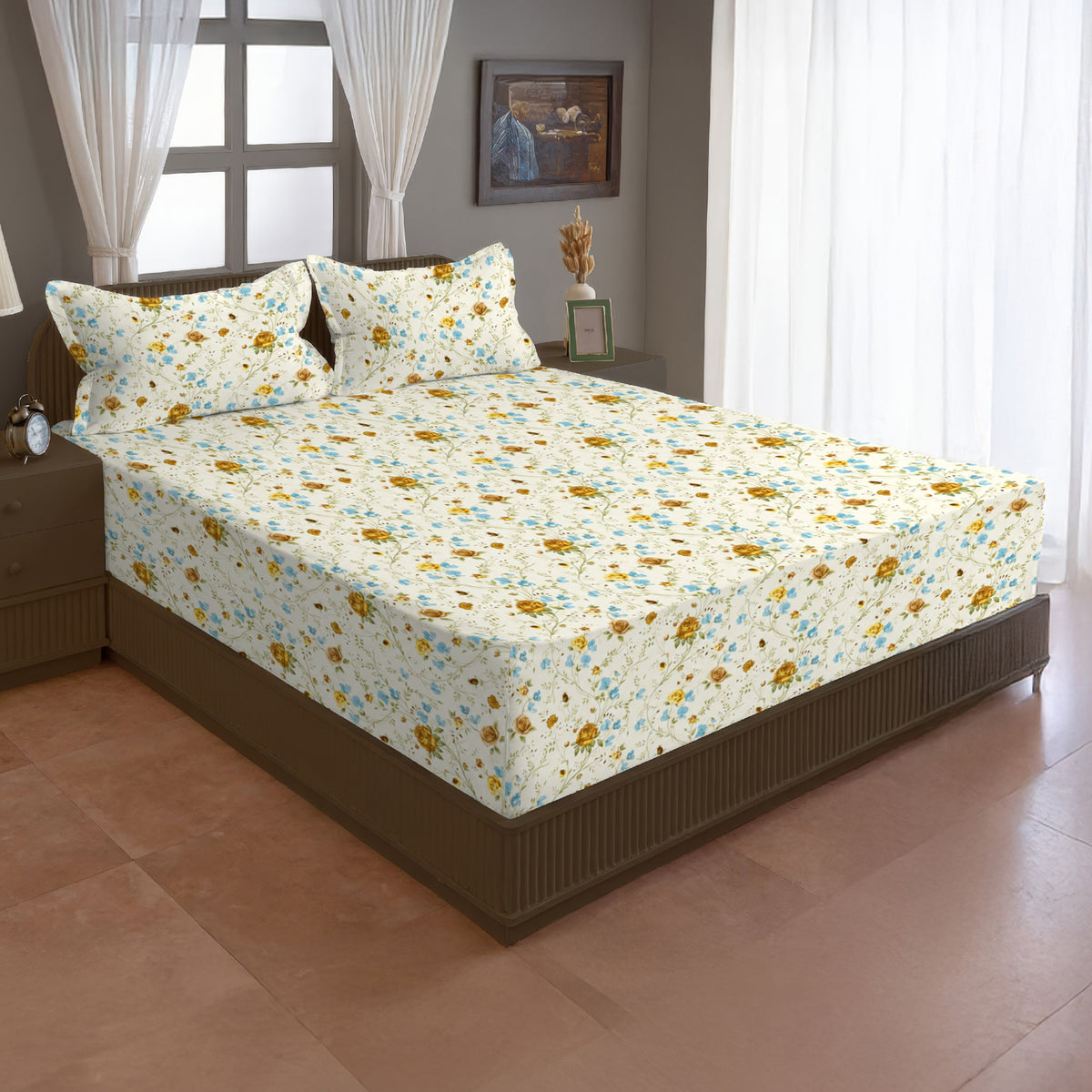 Ivory White Mustard Floral 144 TC Cotton Bedsheet with 2 Pillow Covers