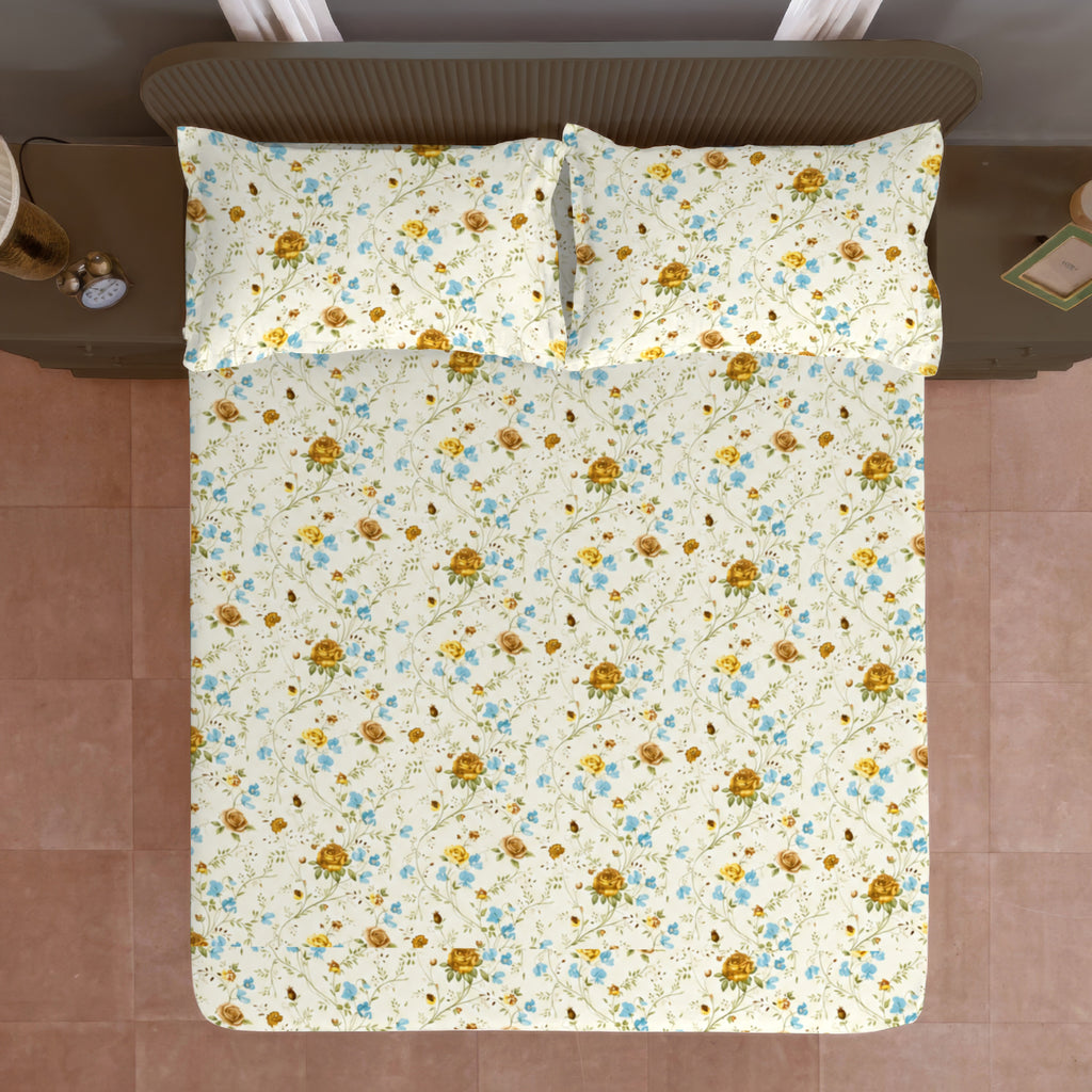Ivory White Mustard Floral 144 TC Cotton Bedsheet with 2 Pillow Covers