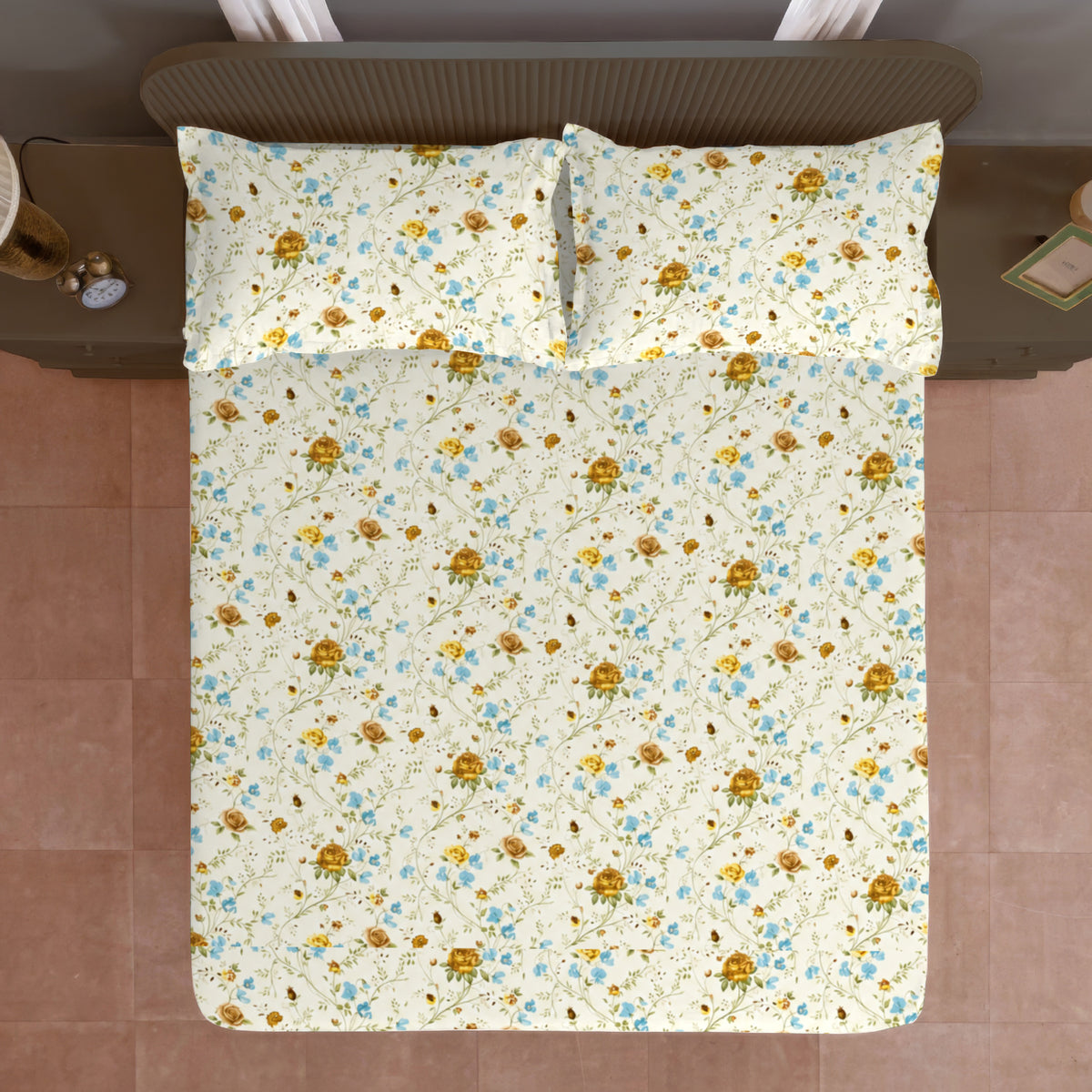Ivory White Mustard Floral 144 TC Cotton Bedsheet with 2 Pillow Covers