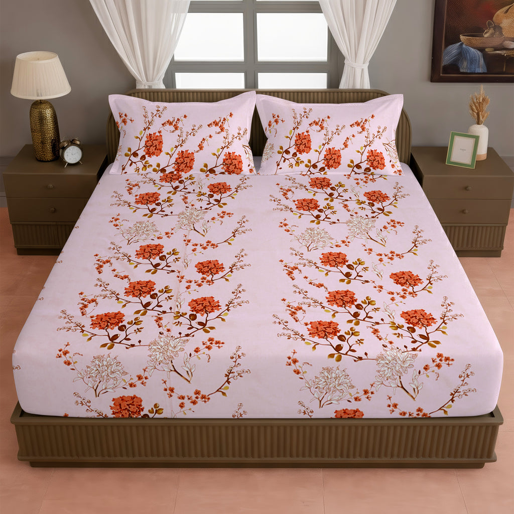 Pink Floral Print Pure Cotton 120 TC King Fitted Bedsheet with 2 Pillow Covers (72x78x10 Inches)