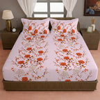 Pink Floral Print Pure Cotton 120 TC King Fitted Bedsheet with 2 Pillow Covers (72x78x10 Inches)