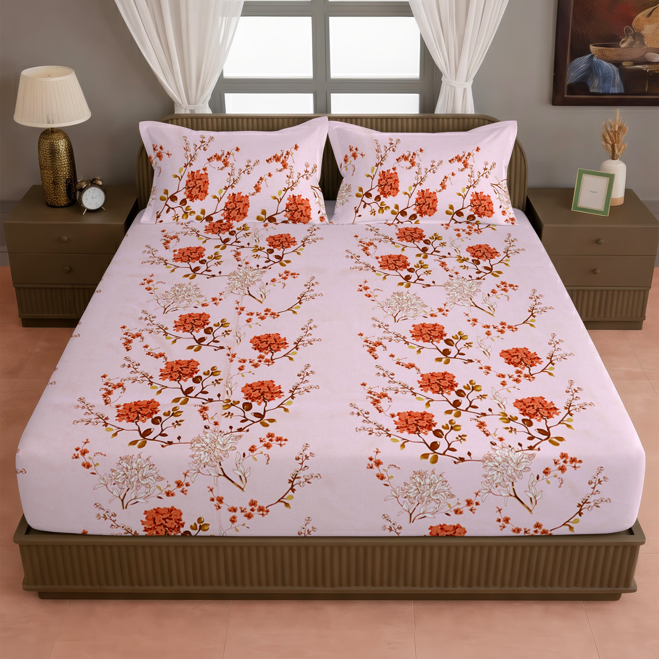 Pink Floral Print Pure Cotton 120 TC Super King Bedsheet with 2 Pillow Covers (108x108 Inches)