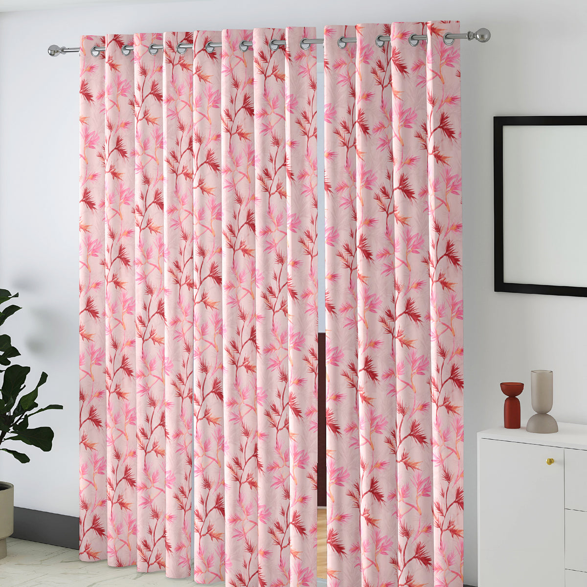 Ivory Pink Bamboo Trails 240 GSM Polyester 80% Blackout Eyelet Curtain