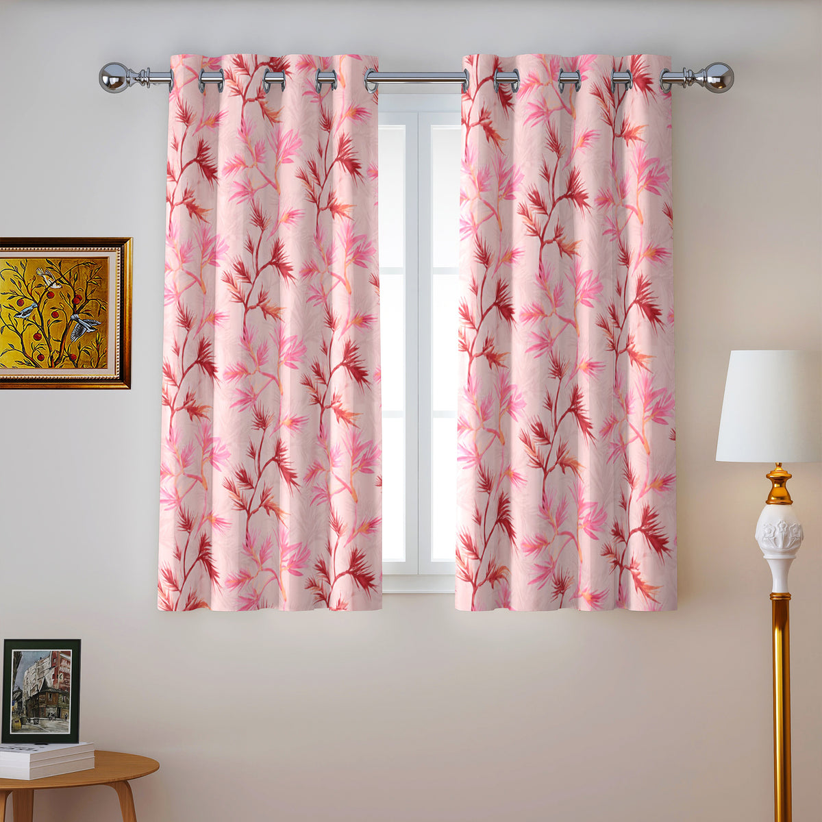 Ivory Pink Bamboo Trails 240 GSM Polyester 80% Blackout Eyelet Curtain