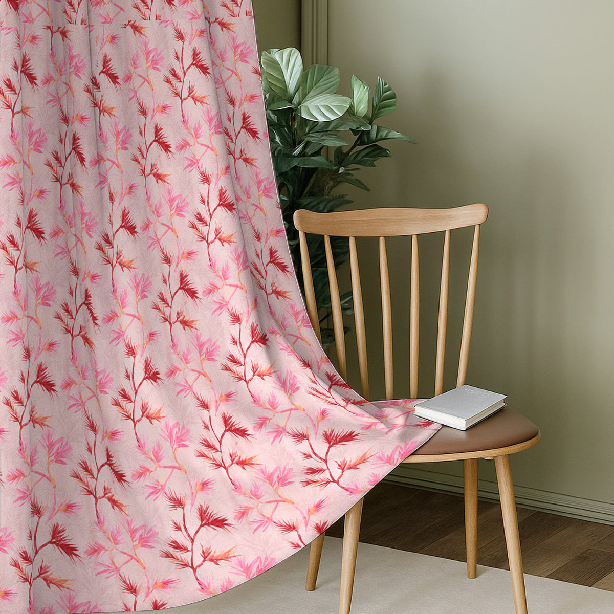 Ivory Pink Bamboo Trails 240 GSM Polyester 80% Blackout Eyelet Curtain