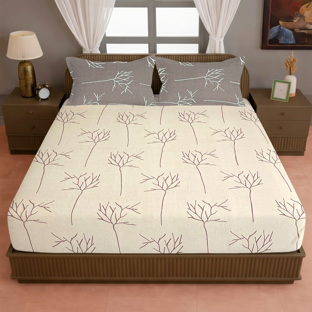 Twig Print Cotton King Fitted Bedsheet in Beige & Brown (72x78x10 Inches)