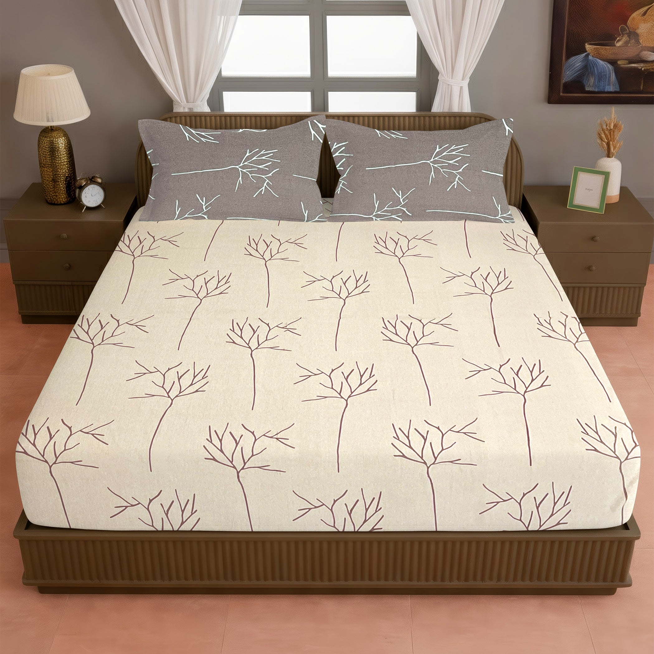 Twig Print Cotton King Fitted Bedsheet in Beige & Brown (72x78x10 Inches)