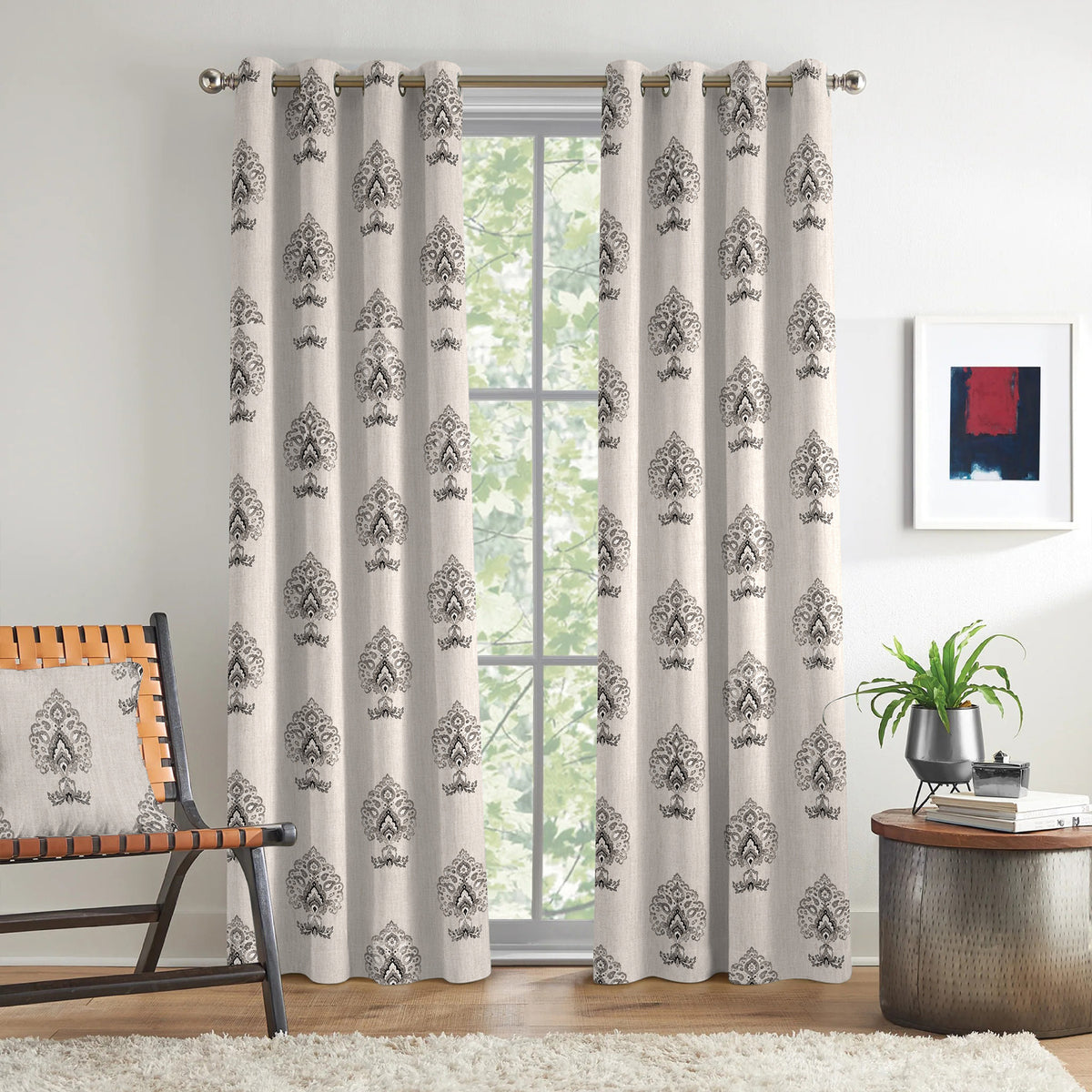 Ivory Charcoal Ornamental Boota 240 GSM Polyester 80% Blackout Eyelet Curtain
