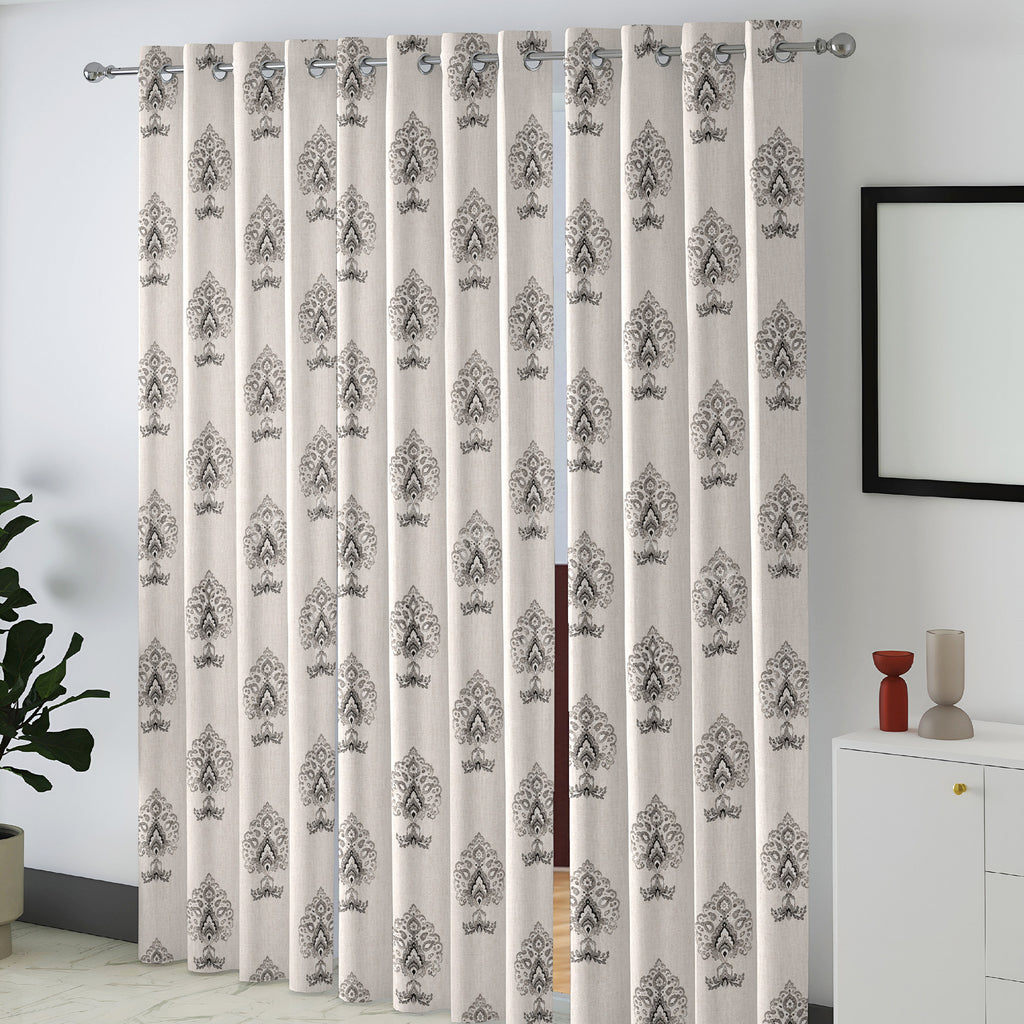 Ivory Charcoal Ornamental Boota 240 GSM Polyester 80% Blackout Eyelet Curtain