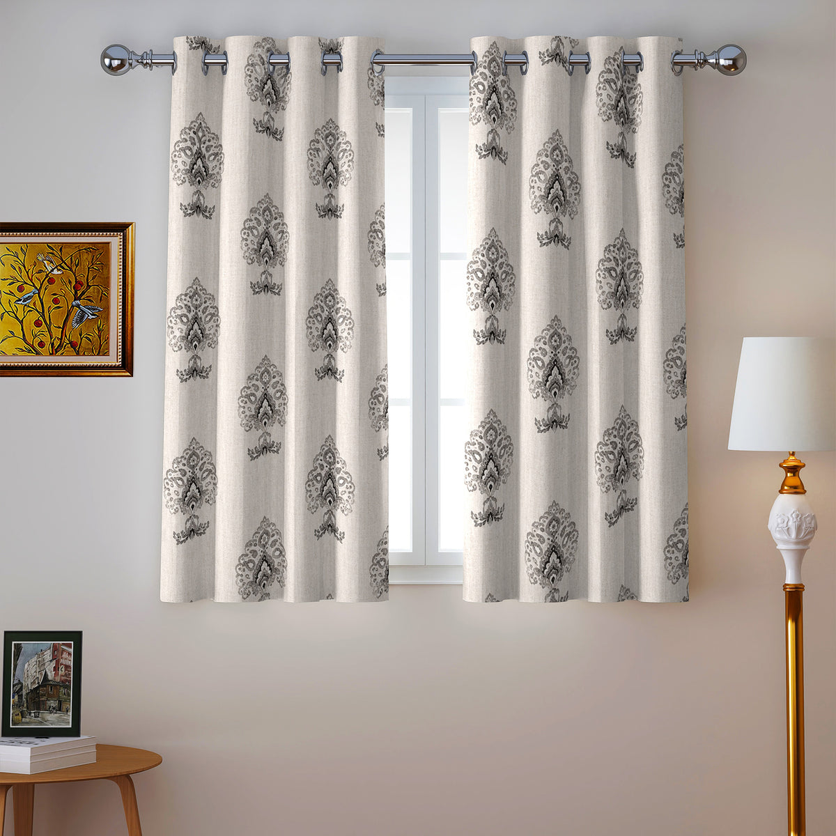 Ivory Charcoal Ornamental Boota 240 GSM Polyester 80% Blackout Eyelet Curtain