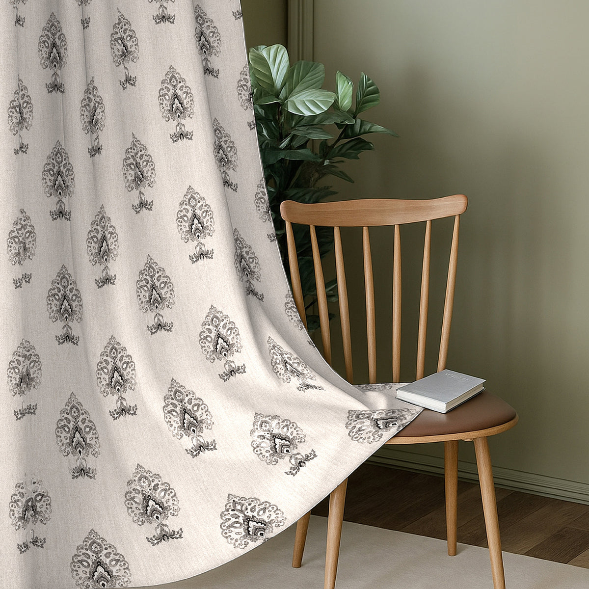 Ivory Charcoal Ornamental Boota 240 GSM Polyester 80% Blackout Eyelet Curtain