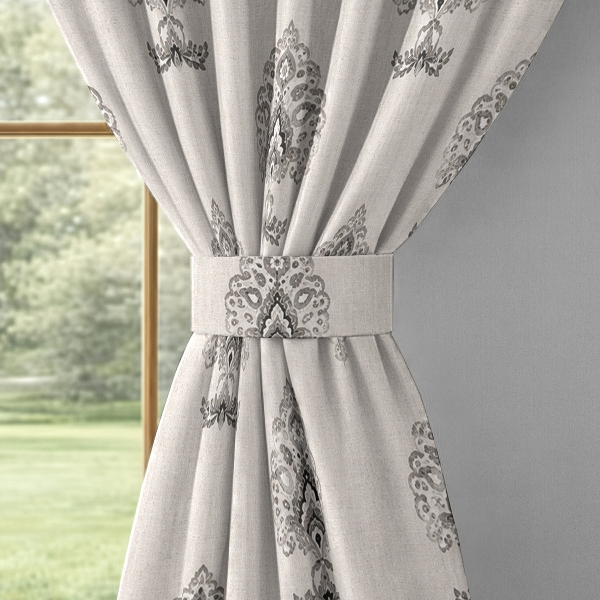 Ivory Charcoal Ornamental Boota 240 GSM Polyester 80% Blackout Eyelet Curtain