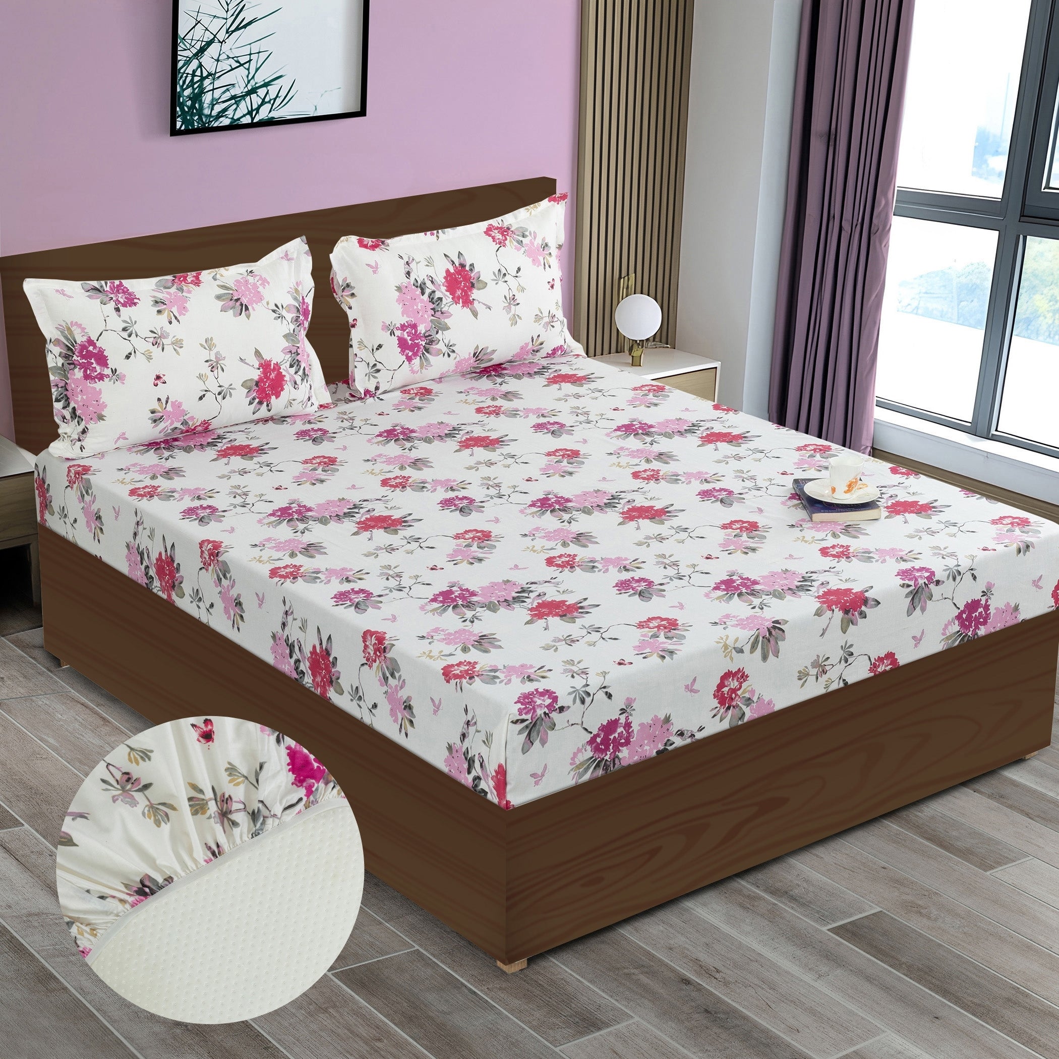 Elegant Pink Floral Pure Cotton 210 TC King Fitted Bedsheet with 2 Pillow Covers (72x78x10 Inches)