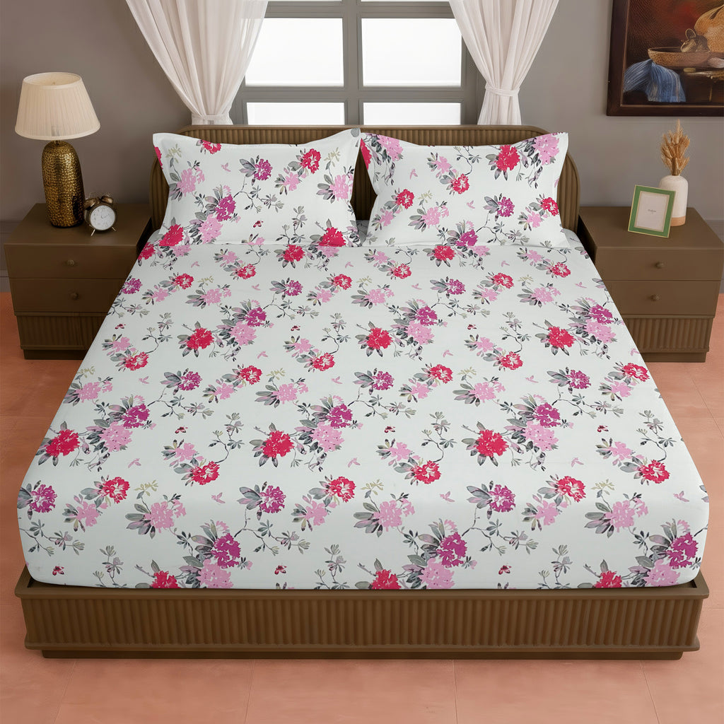 Elegant Pink Floral Pure Cotton 210 TC King Fitted Bedsheet with 2 Pillow Covers (72x78x10 Inches)